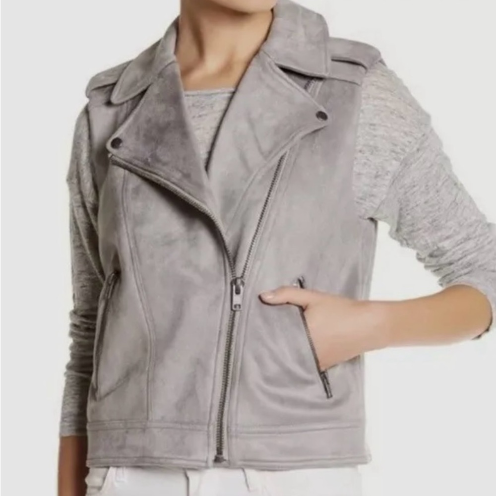 PHILOSOPHY Faux Suede Leather Vest Full Zip Silver Grey